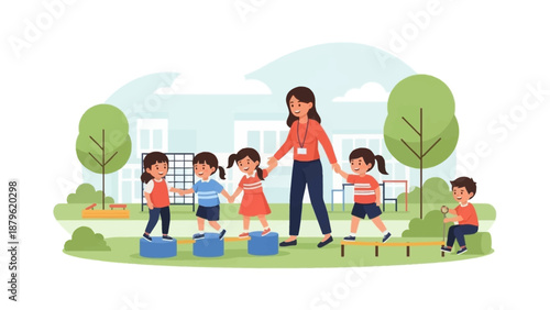 Teacher guiding kindergarten students across an obstacle course in a sunny outdoor playground setting