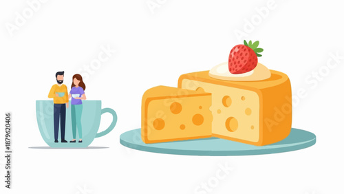 Two individuals share a cup while enjoying a strawberry-topped cheese delicacy