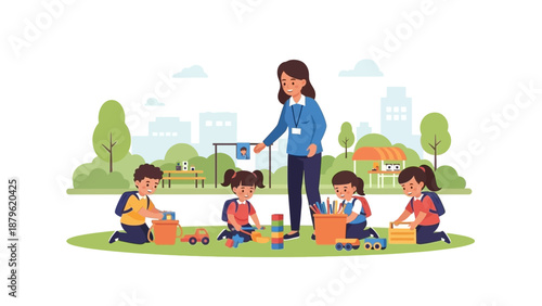 Teacher guiding children in a creative art activity outdoors in a park setting
