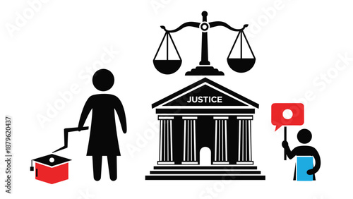 Justice court building silhouette with scales of justice and people advocating for human rights and fair legal representation.