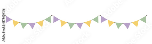 Bunting garland with colored triangular flags. Soft minimal illustration isolated on white for celebrations, parties, invitations, baby showers and branding designs.