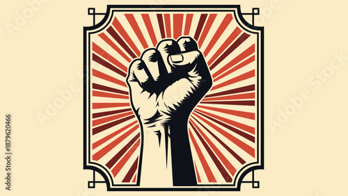 Raised fist illustration with red and beige radiating lines in a decorative frame symbolizing power, protest, and unity.