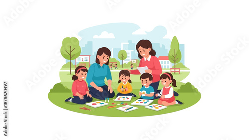 Family and children drawing together in a serene outdoor setting on a sunny day with lush greenery surrounding them.