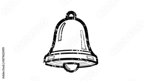 Black outline of a bell with a distressed and grungy texture isolated on white background for alerts or school themes.