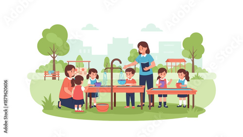 Children engaged in creative activities with teacher outdoors in a park setting with playground equipment nearby