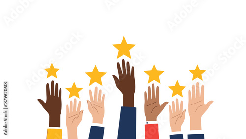 Diverse hands reaching upwards to catch golden stars on a white background symbolizing dreams, goals, and personal success.