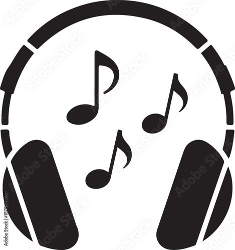 Black silhouette of headphones with musical notes floating around them on a white background Keywords: music, headphones, sound, audio, notes, melody, rhythm, song, listening, entertainment, dj