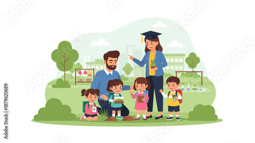 Family with children in graduation attire standing together in a serene outdoor setting with a picturesque landscape