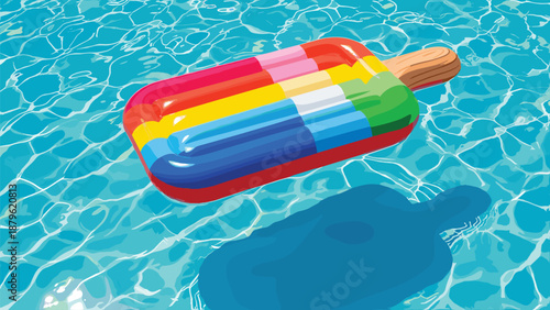 Colorful inflatable popsicle pool float, summer fun accessory, vibrant striped design, floating in clear blue water, playful leisure scene, perfect seasonal concept