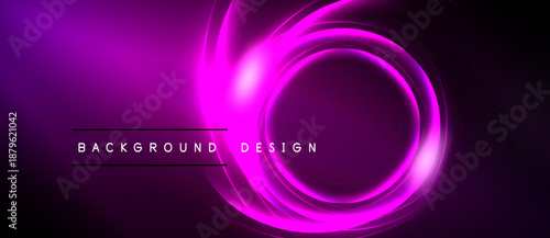 Abstract purple design features concentric glowing circles. Dark background enhances vibrant luminosity, creating modern aesthetic.