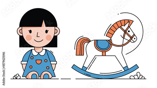 Illustration of a young girl in a blue dress sitting next to a white and blue rocking horse toy in a simple art style.