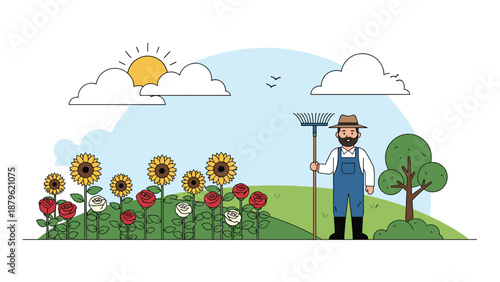 Male farmer standing in a field of sunflowers and roses with a rake under a sunny blue sky with clouds and trees.