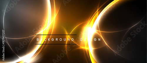Abstract design features glowing lines, curves, warm colors. Dark background enhances bright energy, modern aesthetic.