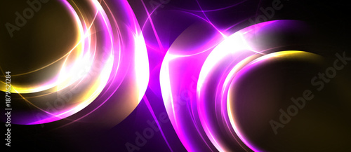 Abstract luminous curves, vibrant magenta, yellow hues dominate dark background. Dynamic energy radiates from central focal points.