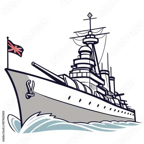Naval Warship Illustration Sailing on Waves in Black and White