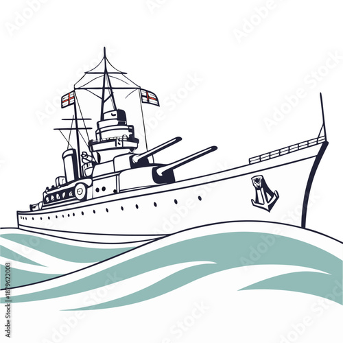 Naval Warship Illustration Sailing on Waves in Black and White