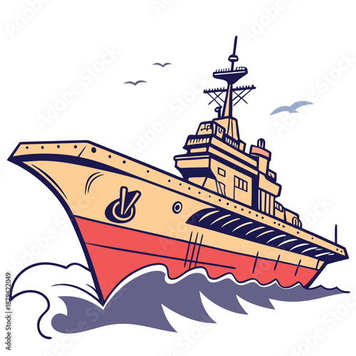 Naval Warship Illustration Sailing on Waves in Black and White