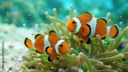 Two clownfish swim among sea anemones, with clear seawater and vibrant colors showcasing the lively beauty of the underwater ecosystem.