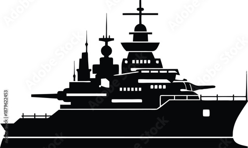 Detailed Battleship Silhouette Illustration in Black and White