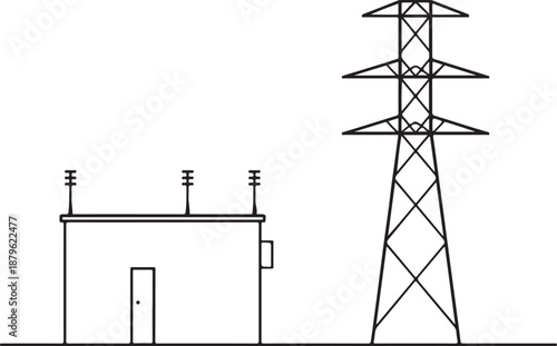 Line drawing of a small electrical substation building next to a large power transmission tower electricity