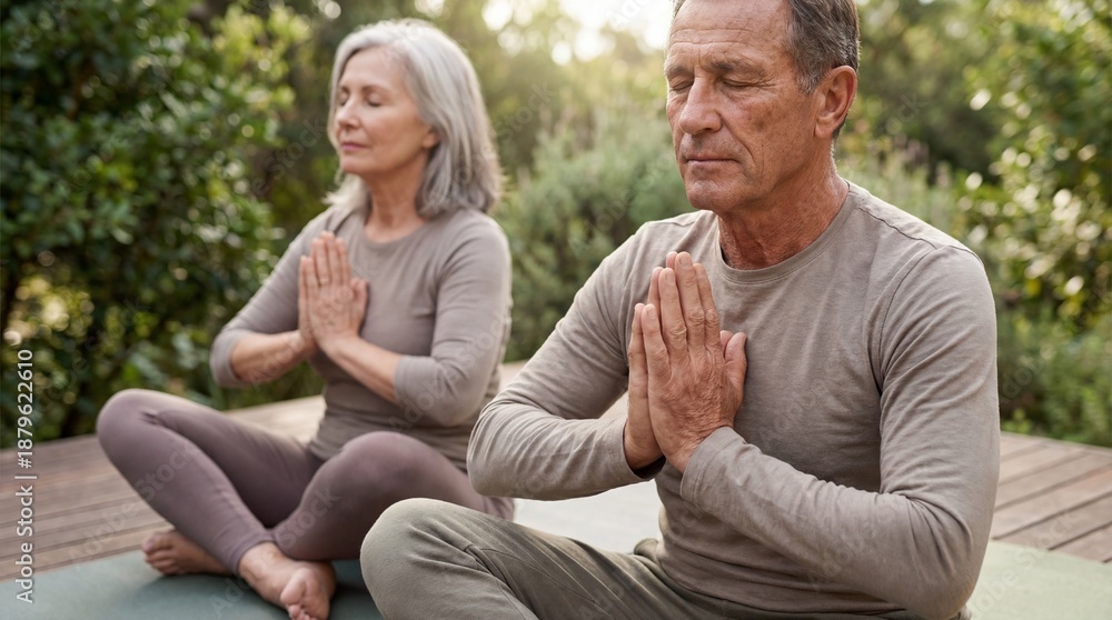 Fototapeta premium Meditating senior couple enjoying peaceful yoga together outdoors