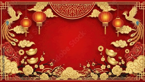 Elegant Lunar New Year Celebration Backdrop Featuring Golden Phoenixes, Classic Lanterns, and Auspicious Prosperity Elements on a Deep Red Textured Frame Design