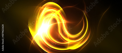 Bright yellow energy swirls, radiating light. Abstract design evokes warmth, motion, power. Vivid colors contrast dark background.
