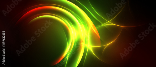 Abstract swirls, vibrant colors blend. Green, red, yellow illuminate dark background. Dynamic energy radiates from flowing lines.