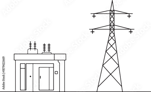 Outline illustration of an electrical substation building and a high-voltage power transmission tower