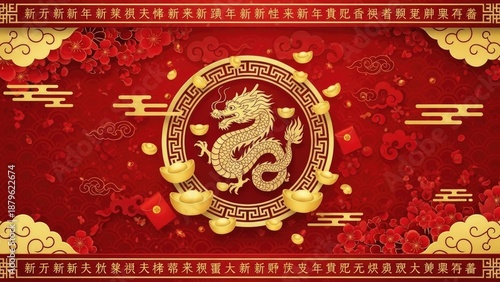 Golden dragon illustration and gold ingots on red, with traditional cloud and floral patterns, symbolizing prosperity and good fortune for celebrations