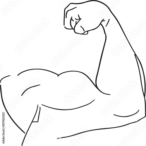 Outline of a flexed bicep muscle showing definition and strength on a white background Keywords: arm, muscle, bicep, flex, flexing, strength, power, fitness, workout, bodybuilding, healthy, strong