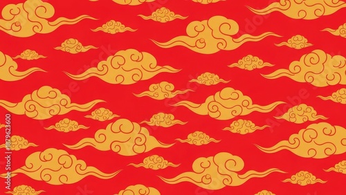Auspicious Golden Cloud Motifs Form a Festive Seamless Pattern Against a Bright Red Backdrop, Perfect for Cultural Celebrations and Decorative Designs