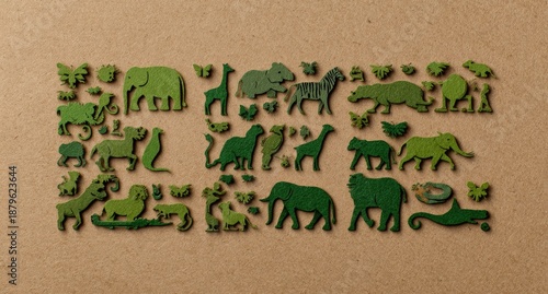 A collection of green animal cutouts, arranged on a neutral, textured background