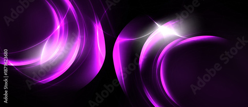 Abstract purple swirls, luminous curves, dark background. Bright light flare adds dramatic effect, modern design elements.