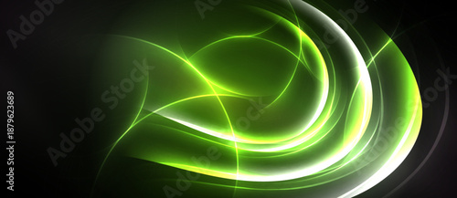 Abstract luminous curves, vibrant green hues dominate dark background. Smooth flowing lines create dynamic visual effect.