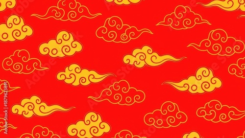 Vibrant Seamless Red and Gold Pattern with Auspicious Chinese Clouds, Perfect for Cultural Festivities, Decorative Backgrounds, and Oriental Design Projects