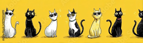 A cartoon illustration of stylized felines sporting sunglasses and various collars against a yellow backdrop