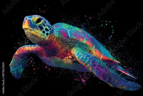 Vibrant artwork shows a sea turtle with colorful shell & surrounding spray of paint against black