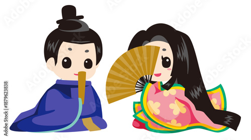 平安時代モチーフの男女ペアイラスト 女性のみ扇子｜和風表現素材
