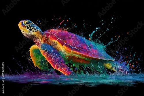Colorful turtle emerges from water against black background with splashes and vibrant hues
