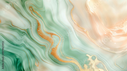 Luxury Fluid Resin Texture with Pearlescent Glitter – Multicolor Polished Abstract Background in Jade, Champagne Gold and Pearl Tones