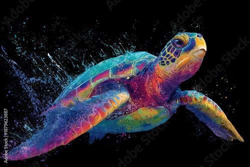 A vibrant watercolor painting shows a sea turtle swimming through a splash of colorful water against black