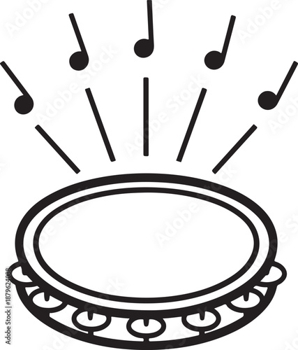 Simple Line Drawing of a Tambourine with Musical Notes and Sound Waves Emanating Upwards on a White Background Keywords: tambourine, music, instrument, percussion, sound, rhythm, beat, notes