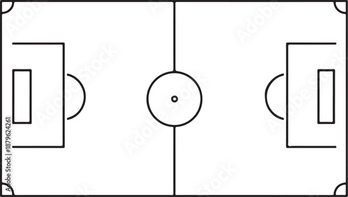 Simple outline drawing of a soccer field with goals and center circle on a white background Keywords: soccer field football pitch game sport stadium outline icon line art illustration graphic