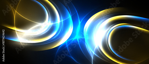 Abstract design features luminous curves, vibrant colors. Blue, gold, white elements create dynamic energy, sleek composition.