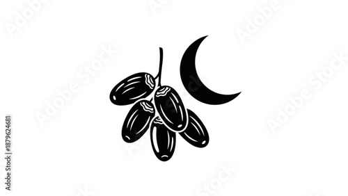 Black illustration of olives with a crescent moon on a white background symbolizing mediterranean cuisine and lunar connection