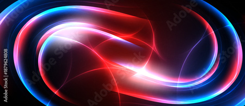 Bright abstract swirls, red plus blue hues dominate. Light radiates from center, creating dynamic visual effect. Dark background enhances contrast.