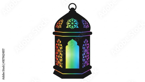 Colorful lantern with stained glass panels hanging on white background symbolizing hope and celebration