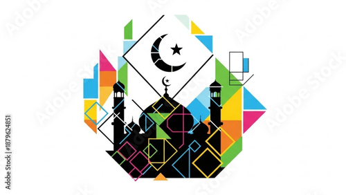 Islamic mosque silhouette with crescent moon and star symbol surrounded by colorful geometric shapes and abstract design elements