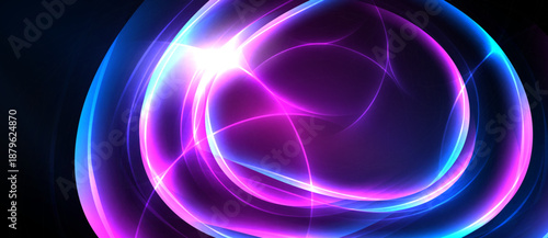 Bright abstract swirls, vibrant blue, magenta hues. Light radiates from center, creating dynamic energy. Dark background emphasizes luminosity.